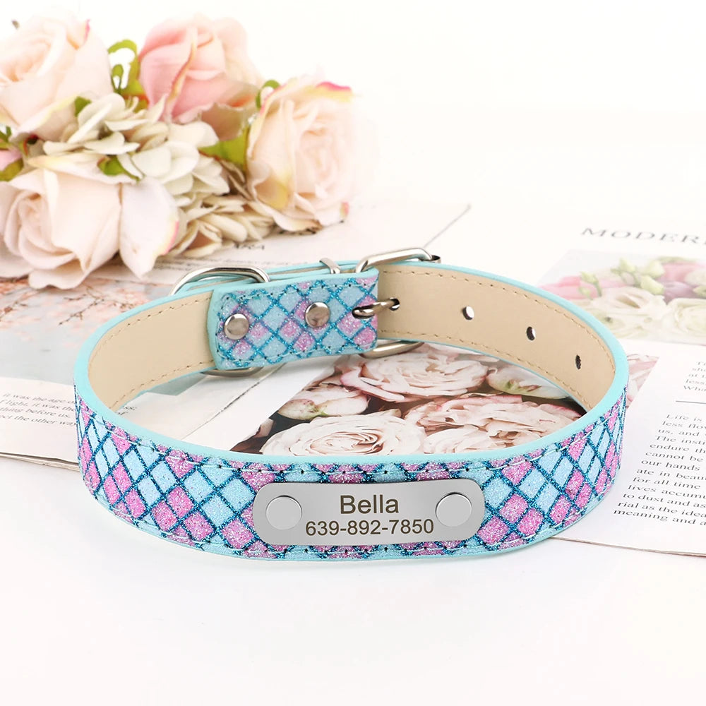 Customized Leather Dog Collar Free Engraved Cat Dogs Collars Pet Puppy Plaid Necklace Adjustable for Small Medium Dogs Chihuahua